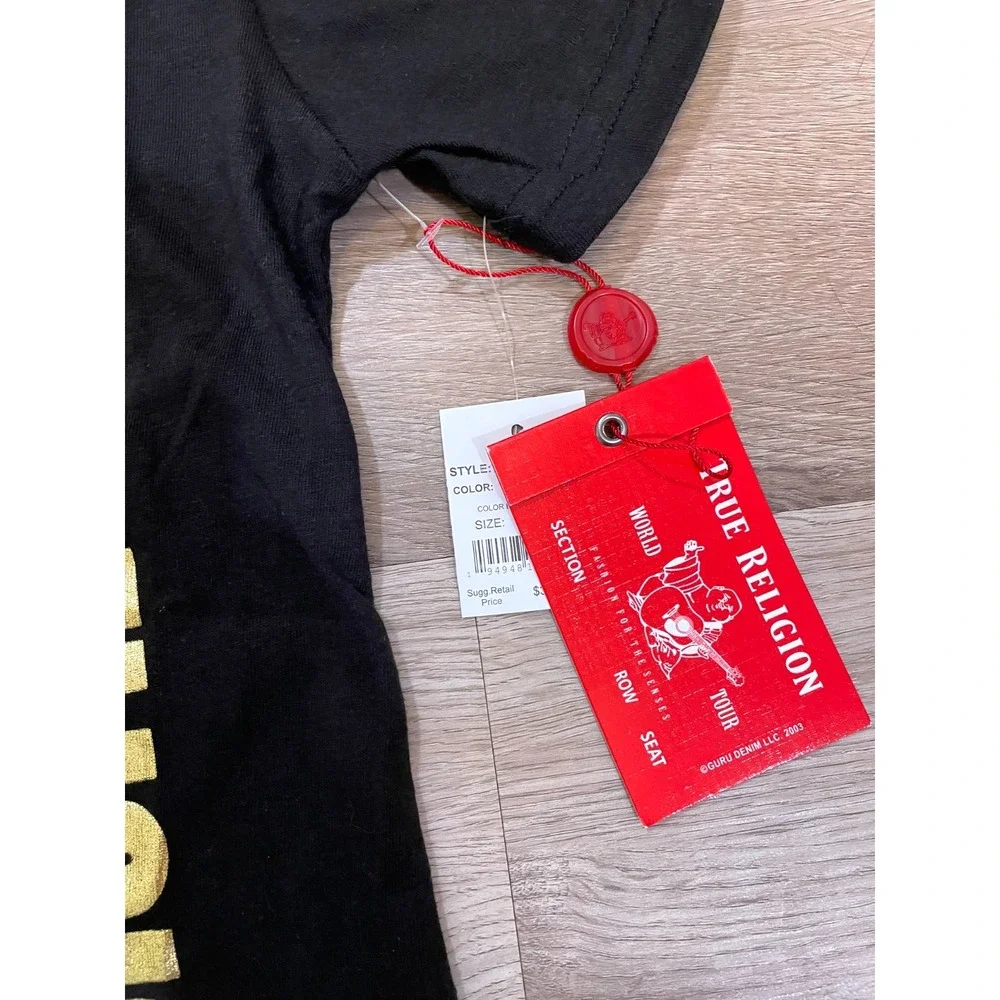 NWT True Religion Boys Size 6 Black Gold Colorblock Metallic Logo T-Shirt